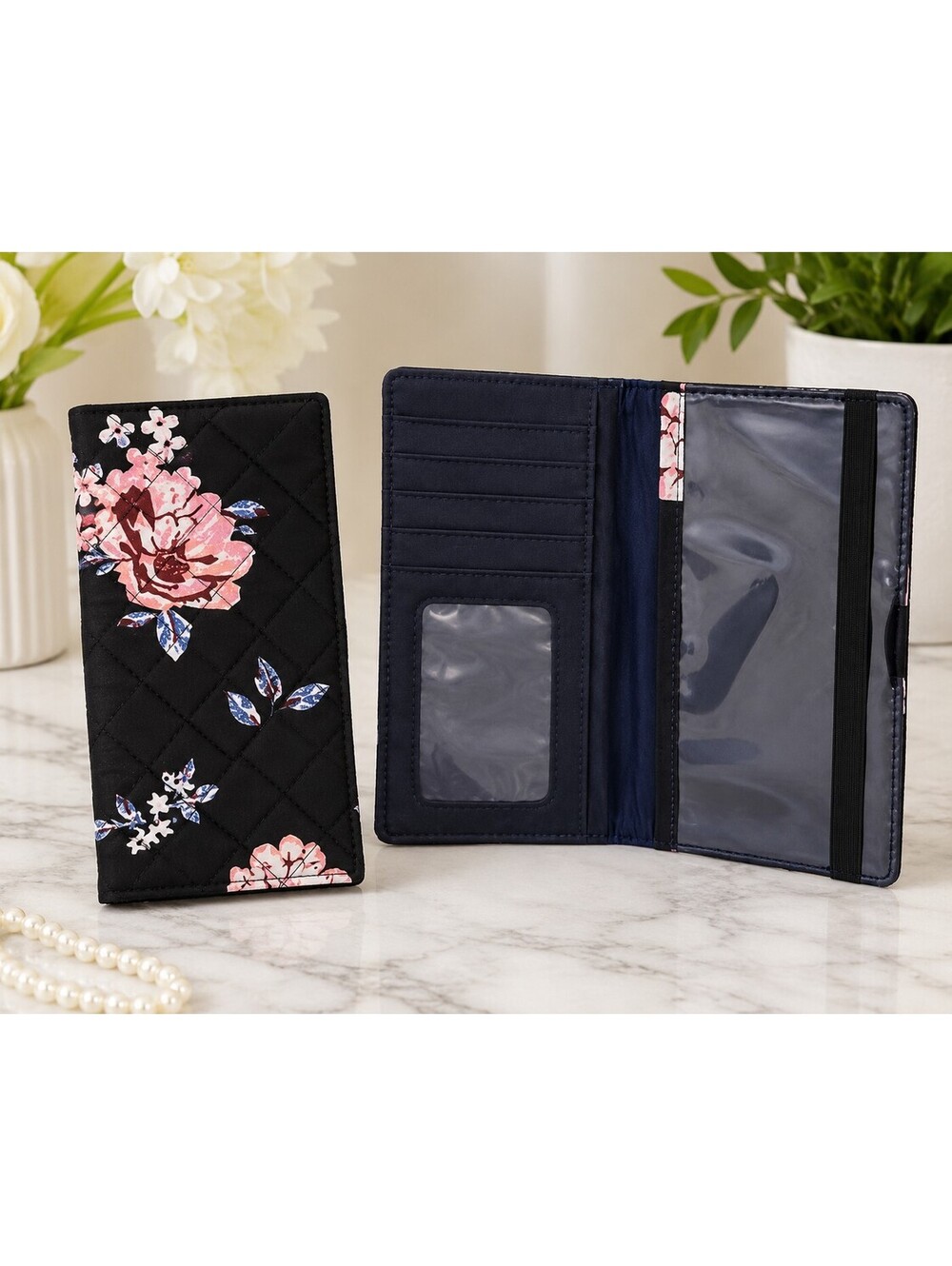 Black Floral Quilted Wallet (Vera Bradley–Style)